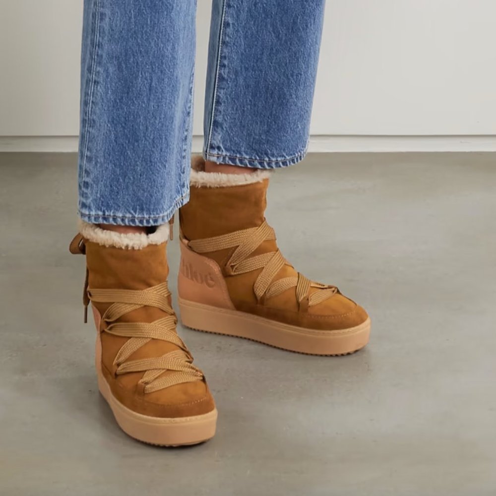 Leather-trimmed Suede and Shearling Ankle Boots